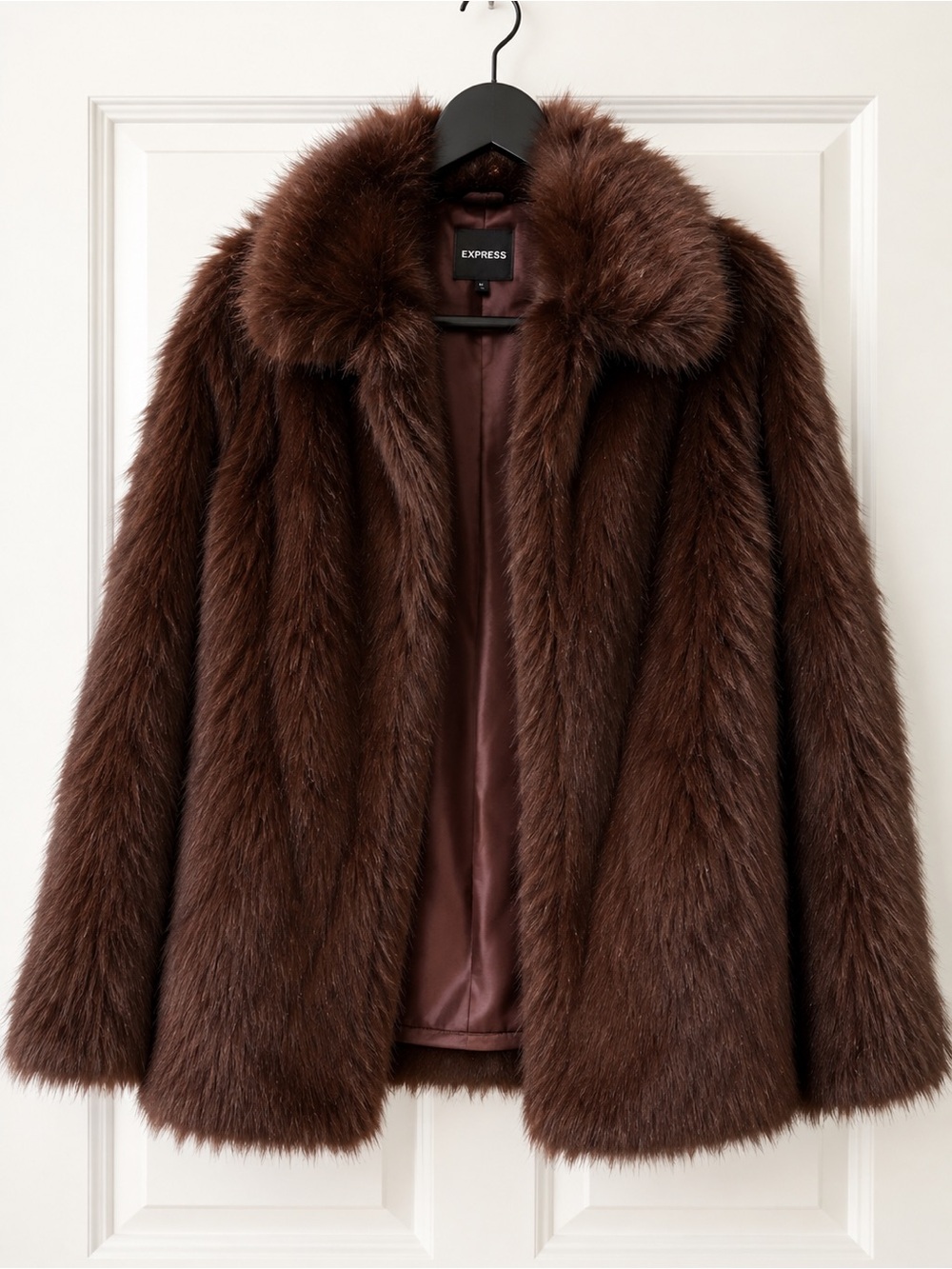 Express Brown Maroon Faux Fur Jacket Coat Size M EUC